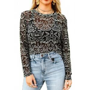 NEW LUCKY & BLESSED boot stitch mesh long sleeve top in black and ivory